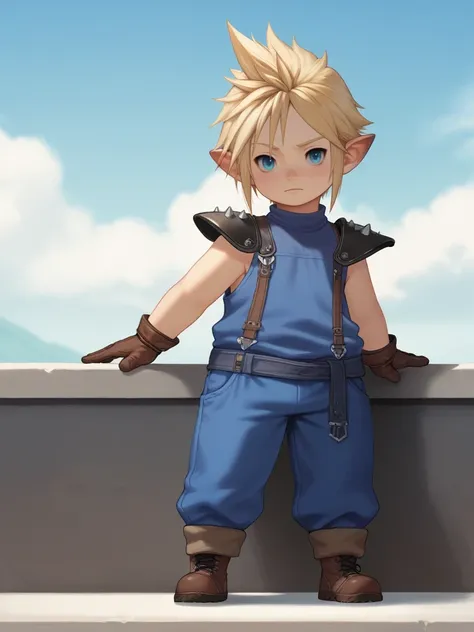 score_9, score_8_up, score_7_up, score_6_up, 1boy, solo <lora:Lalafellv3-20:0.8> lalafell, pointy ears, flat chest, shortstack,
cloud strife, blonde hair, spiked hair, dark ear tips, blue eyes, buster sword, looking at viewer, blue shirt, sleeveless, shoul...