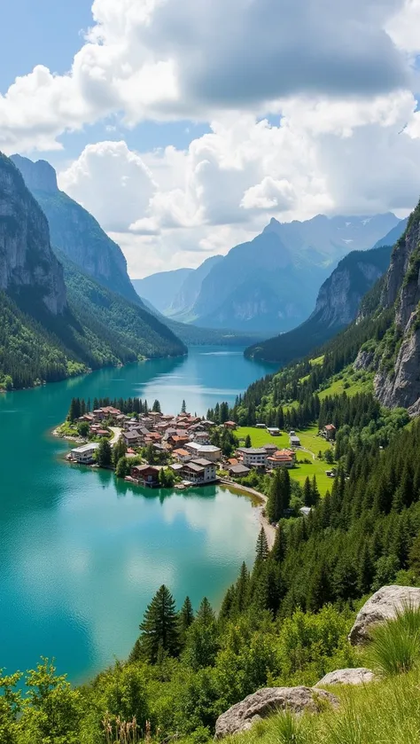 a small town nestled in the middle of a lake surrounded by trees and mountains in the background. The lake is surrounded by lush green grass and plants, and the sky is filled with white, fluffy clouds. The buildings of the town are visible in the foregroun...