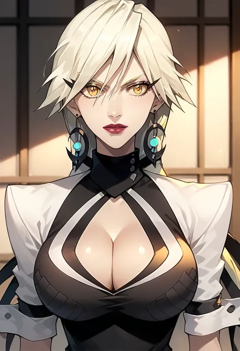 score_9,score_8_up,score_7_up,source_anime, Haruka Gracia,1girl,solo,long hair,breasts,blonde hair,large breasts,cleavage,jewelry,earrings,clothing cutout,cleavage cutout,lipstick,