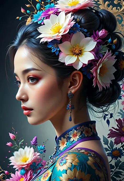 masterpiece, side portrait of a beautiful oriental woman made of flowers, abstract, fractal art , HD32K, wallpaper, hyperdetailed, mythp0rt