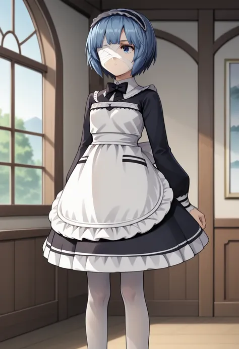 source_anime, BREAK 1girl, solo, <lora:Milkit - ROAD-000006:1>, Mi1kit, blue eyes, short hair, blue hair, bandage over one eye, frilled_hairband, black_bow, black_dress, white_frilled_maid_apron, frills, long_puffy_sleeves, white_pantyhose, expressionless,...