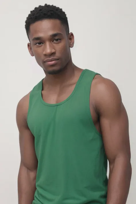 closeup photo <lora:pierre_vuala_epoch_10:0.8>, male pierrevualaperson, dark skin, short hair, wearing a green tank-top shirt, white background