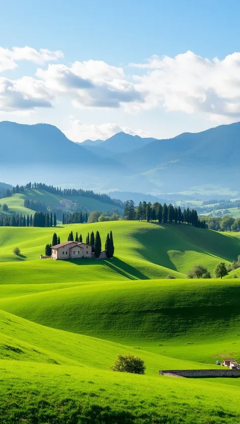 the rolling hills of Tuscany, Italy, with lush green grass on the ground, trees and plants scattered throughout, and majestic mountains in the background, all beneath a sky filled with white, fluffy clouds
 <lora:photo-enhancer10:0.7>