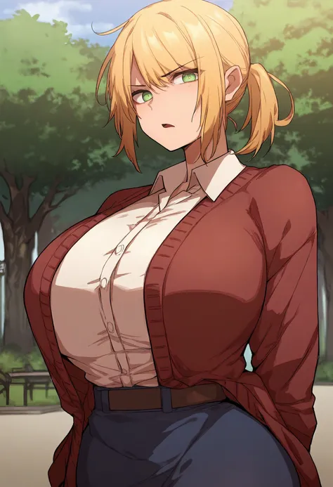 score_9, score_8_up, score_7_up, score_6_up, source_anime, rating_explicit, 1girl, solo, huge breasts, <lora:June prefectPonyxl:0.9> blonde hair, green eyes, ponytail, short hair, sidelocks, red cardigan, (open cardigan:1.1), white shirt, collared shirt, l...