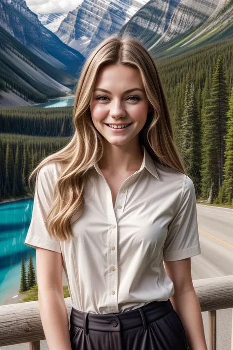 European woman, closeup, (shirt), pants, (banff national park), (), smiling , ZM_heidi, wide shoulders, perfect face, (contact iris: 1.1), pale skin, skin pores , depth of field