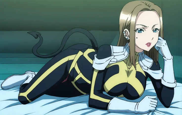 <lora:Irma_Cross_Ange_Tenshi_to_Ryuu_no_Rondo:1> 1girl, irmacrossangetenshitoryuunorondo, anime, bodysuit, solo, (full body), boots, gloves, blue eyes, detailed face, detailed eyes, indoors, bed, white bed, lying, lying on bed, tail, black tail, breasts, j...