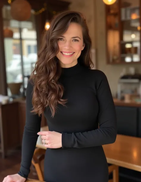 <lora:Hayley_Atwell_Flux:1>  wavy brown hair, wearing a turtle neck dress standing in a cafe, looking at the viewer smiling