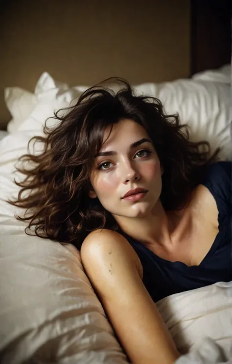 polaroid photoshoot of a woman lying on a bed, messy wavy hair, tired after a long day, business atire, analog film, chiaroscuro, sharp focus, 8k, UHD, award winning photography, ultra high res, DSLR, masterpiece, ultra detailed, intricate details, 35mm ph...