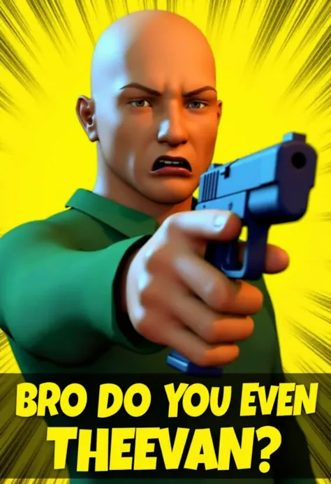 a 3d render of a man named Theevan. He is a bald man in a long sleeved green shirt. he is pointing a gun at the viewer with an angry look on her face. 
Strong perspective effect, the camera has its focal point on the gun.
The background is a vibrant yellow...