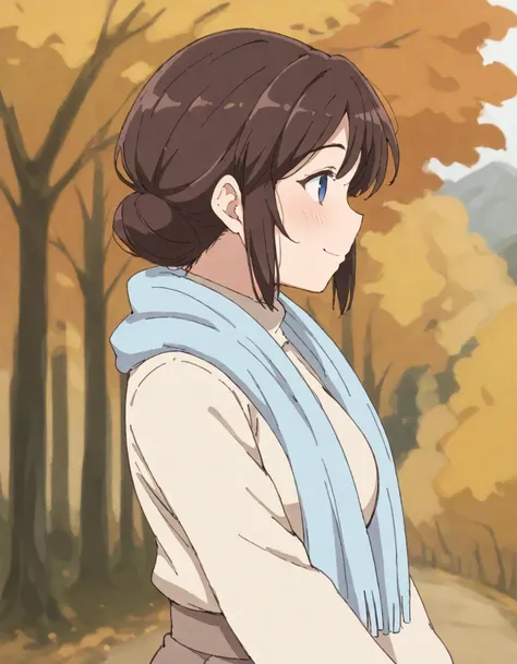 score_9,score_8_up,score_7_up,1girl,shirakawa_miho,blue eyes,brown hair,short hair,single hair bun,large breasts,beige sweater,brown pencil skirt,blue scarf,maple leaf,outdoors,autumn,smile,from side,looking to the sky,blush<lora:shirakawa_miho:0.75>,