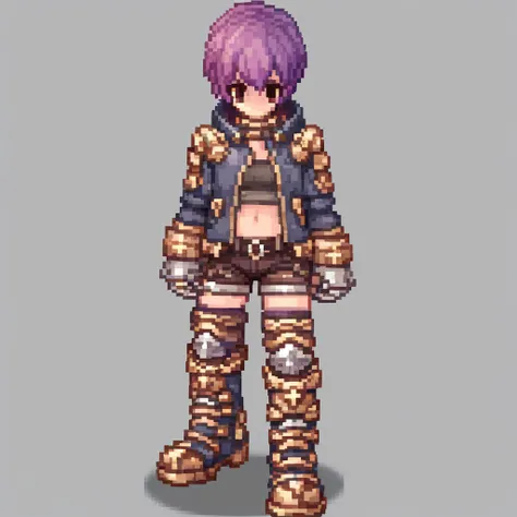 boots, purple hair, gloves, brown hair, jacket, 1boy, shorts, breastplate, open jacket, gauntlets, short hair