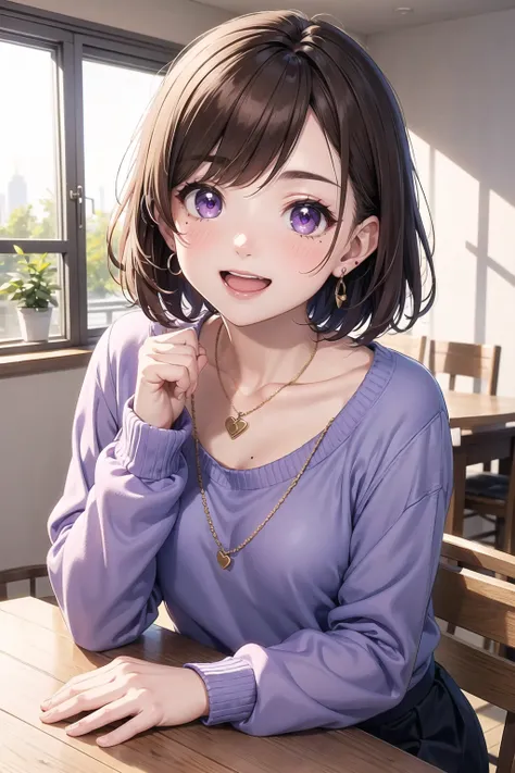 kawaii, cute, 1girl, jewelry, purple eyes, looking at viewer, necklace, earrings, smile, indoors, collarbone, open mouth, brown hair, short hair, blush, long sleeves, pov, blue sweater, skirt, table, mole under eye