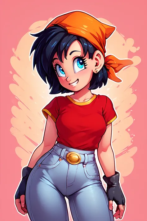 score_9, score_8_up, score_8, medium breasts, (curvy), cute, eyelashes,       BREAK, , zzPan, black hair, short hair, bandana, gloves, fingerless gloves, red shirt, denim pants,  <lora:Pan_Dragonball_PDXL:0.8>, , BREAK, smile, looking at viewer,  abstract ...