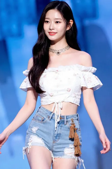 The image captures a young korean female performer, dancing on stage. She is dressed in a summery and stylish outfit that includes a delicate, white off-shoulder crop top made of lace with small floral patterns. The top has loose puffed sleeves that hang j...