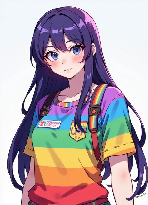 Flat colour anime style image showing an adult woman with rainbow everything, long rainbow hair, wearing rainbow clothes with rainbow tags and rainbow warning stripes