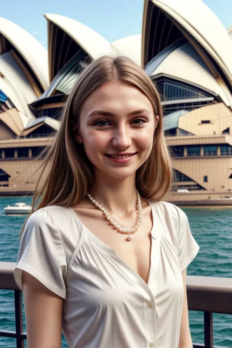 European woman, closeup, (shirt), pants, (sydney opera house), pearl necklace , smiling , ZM_anya, wide shoulders, perfect face, (contact iris: 1.1), pale skin, skin pores , depth of field