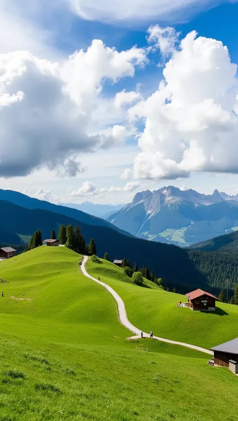 a group of people walking up a hill in the Dolomites, surrounded by lush green grass, trees, and houses. The sky is filled with white, fluffy clouds, creating a beautiful backdrop for the scene.
 <lora:photo-enhancer10:0.7>