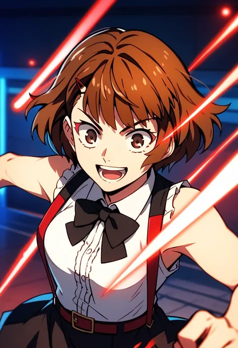 score_9,score_8_up,score_7_up,source_anime, Androssi Zahard,hairclip,1girl,solo,smile,open mouth,short hair,shirt,skirt,brown hair,hair ornament,bow,ribbon,brown eyes,white shirt,frills,sleeveless,hairclip,belt,bowtie,black skirt,parody,suspenders,suspende...