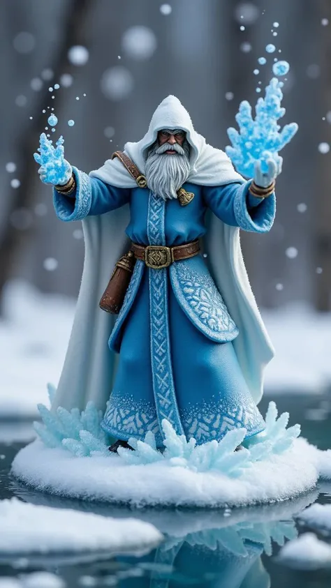 A frost mage, standing on a frozen lake, casting a blizzard spell.  , <lora:aidmaTableTopMiniatures:1> aidmaTableTopMiniatures, miniature figurine, 
 <lora:aidmaHyperrealism:0.251> aidmahyperrealism,