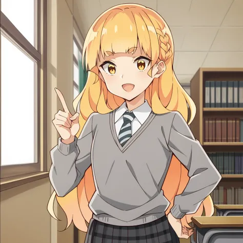 score_9_up, score_8_up, score_7_up, source_anime, 1girl, solo, Hime, Shiraki_Alt, school library, window, evening, book shelves, dimmed light, standing, hand on hip, raised index finger, raised hand, open mouth, confident smile, yellow eyes, braid, blonde ...