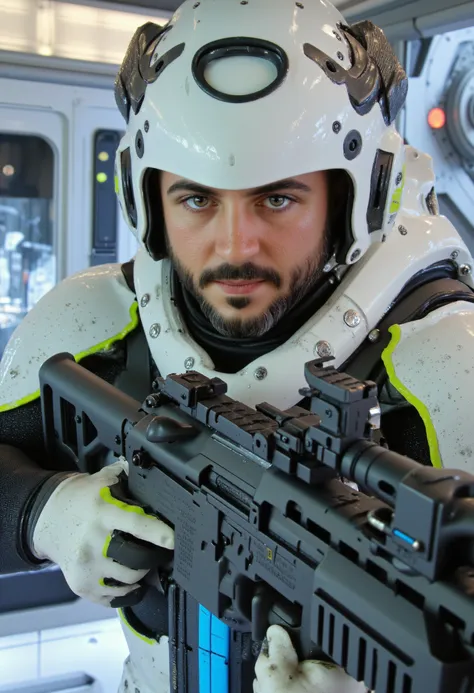 closeup portrait of a high end bipedal, 
male human face, short beard, brown eyes, cyborg battle unit, white and neon power armor, detailed cyberhelmet, robot joints and circuits, holding an assault rifle, aiming at the viewer, on the deck of a futuristic ...