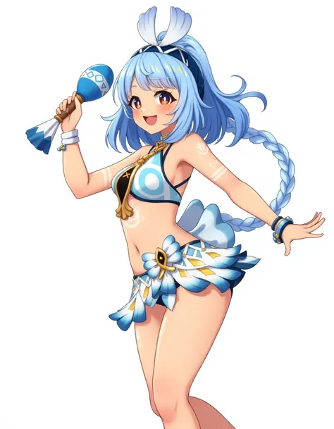 <lora:mualani_flux_e6:1> anime art. mualani, blue hair, swimsuit, headband, tan lines, braid. she is dancing while holding maracas.