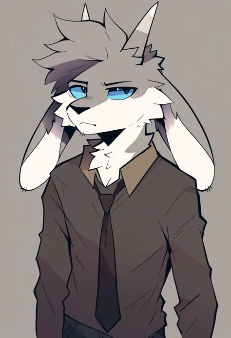 score_9, score_8_up, score_7_up, BREAK, deery, blue sclera, black pupil, grey body, grey fur, white fur, BREAK, grey horns, horns, long ears, nose, solo, shirt, tie, shirt tie, pants, half body