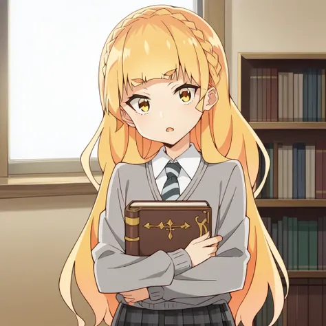 score_9_up, score_8_up, score_7_up, source_anime, 1girl, solo, Hime, Shiraki_Alt, school library, window, evening, book shelves, dimmed light, standing, hugging book, head tilt, confused, open mouth, looking at you, yellow eyes, braid, blonde hair, long ha...