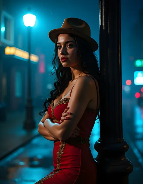 In a gritty noir-inspired scene, the camera frames a captivating woman with raven-black hair cascading down her shoulders, set against a deep cobalt backdrop. The enigmatic B14NC4T strikes an alluring pose, her parted lips curled into a mysterious smirk, a...