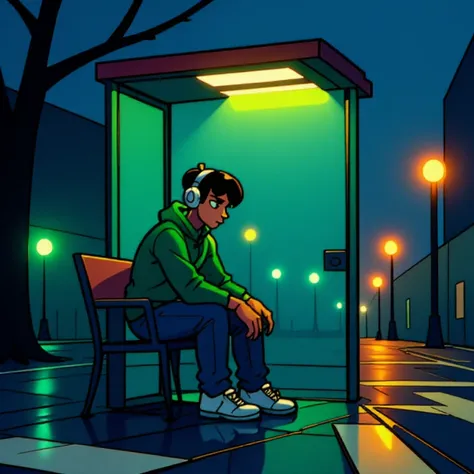 <lora:mooskie_style FLUX:1.75> mooskie, a dark-skinned male sitting at a bus stopin the rain, he looks tired and is wearing a green hoodie, jeans and headphones, night,