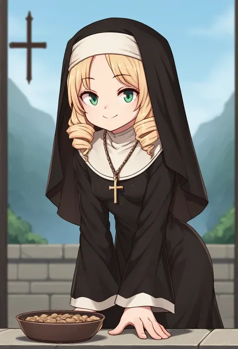 lemonsnail, 1girl, solo, nun, blonde hair, smile, habit, looking at viewer, cross, jewelry, cross necklace, black dress, necklace, long sleeves, outdoors, leaning forward, closed mouth, dress, drill hair, day, wide sleeves, green eyes, small breasts, long ...