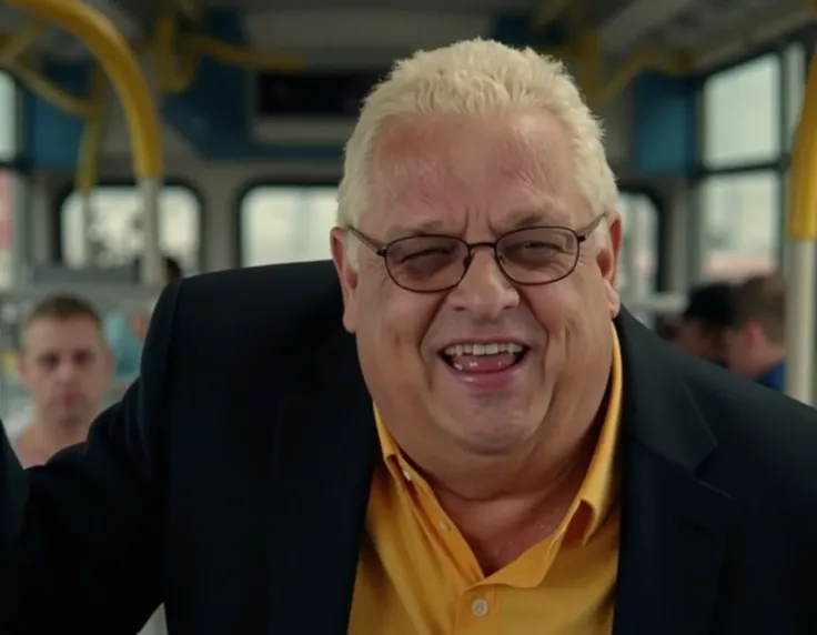 an 8K cinematic photograph, <lora:Dusty_Rhodes:0.8> elderly DustyRhodes man smiling, glasses, black suit, yellow shirt, on the bus, UHD, ultra detailed, beautiful lighting, great composition