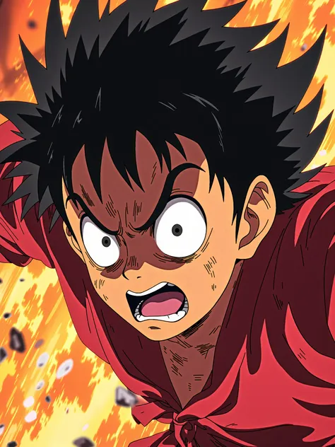 anime character with spiky black hair wide eyes and open mouth appearing to be in a dramatic. badass dynamic pose, masterpiece <...