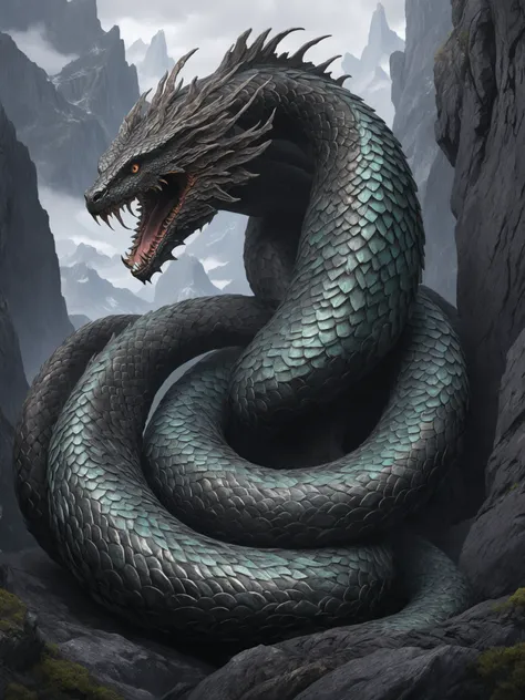 a serpent, perfectly coiled around a mountain, scales, curves, centered image, realistic, darkcore, uhd, fine detail,<lora:darkc...