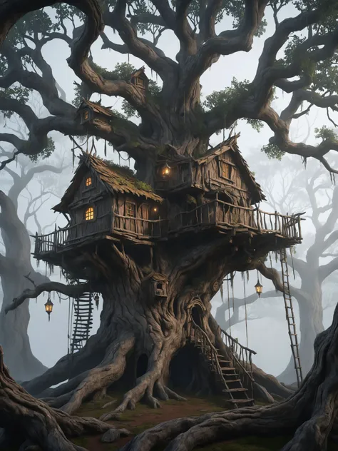 an ancient treehouse built within a gnarled, old tree, fog, darkcore, simple illustration, uhd,<lora:darkcore_sdxl:0.5>