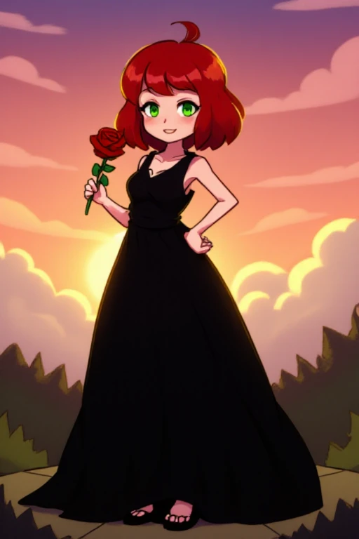 <lora:mooskie_style FLUX:1> mooskie, 1girl, red hair, green eyes, smile, long black dress, short hair, blush, holding a single red rose, outdoors, sunset,