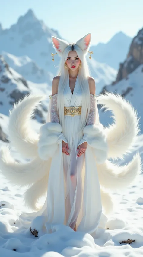 the nine tailed fox,with nine oversized fluffy tails and white fox ears,stands out with makeup,chinese clothing,hair accessories,jewelry,earrings,wide sleeves,and bare shoulders. it is sexy,seductive,and semi transparent on the snowy mountains. filled with...