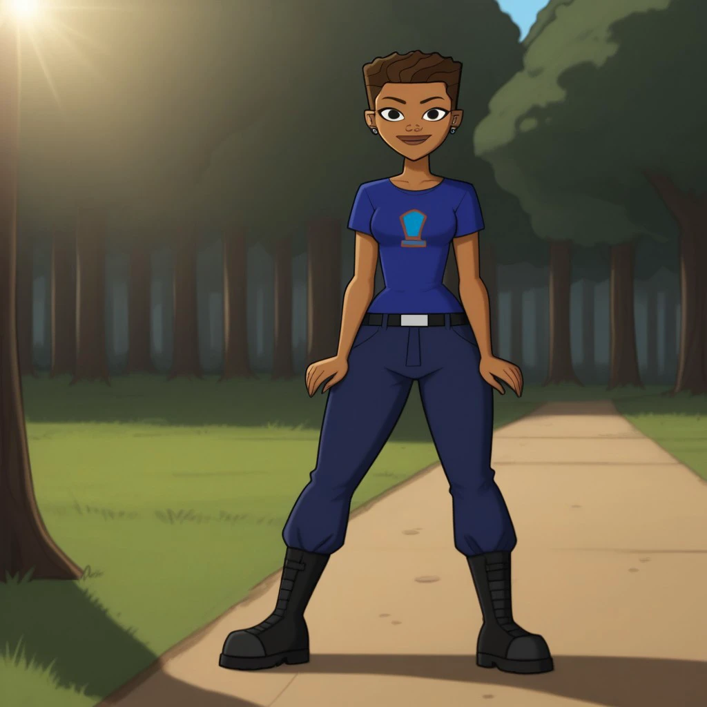 score_9, score_8, BREAK, solo, 1girl, shirt with a symbol, dark blue cargo pants, belt, boots, dark skin, brown hair, short hair, black eyes, freckles, earrings, breasts, total drama, Sanders_(Total_Drama), tdtrr, cute, sexy pose, smile, outdoors, sunligh...