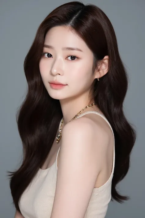 medium full shot of beautiful korean girl , long brown wavy hair, wearing halter dress, gray background, studio lighting, necklace, dslr, soft lighting, high quality, film grain, light reflections, blood vessels, pale skin, skin pores,blood vessels in scle...
