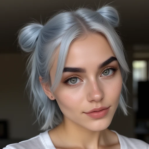 nose, closed mouth, hair bun, grey eyes, portrait, collarbone, thick eyebrows, grey hair, lips, white shirt