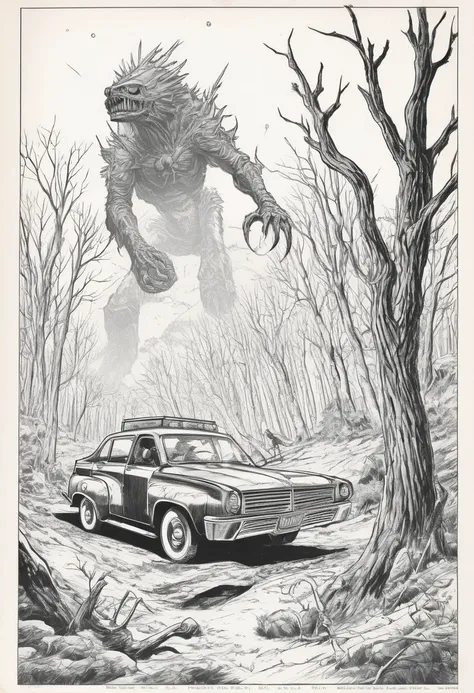 illustration of a COMICS page,
a giant monster  attacking a sci-fi vehicle, with a ray gun, and a character IN FRONT OF A dead_tree