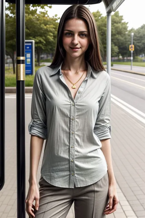 European woman, closeup, (shirt), pants, (bus stop), gold necklace , smiling , ZM_evie, wide shoulders, perfect face, (contact iris: 1.1), pale skin, skin pores , depth of field