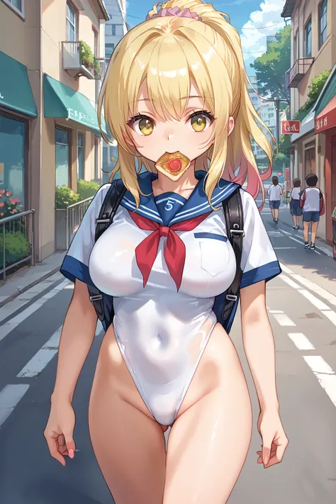 score_9, score_8_up, score_7_up, source_anime, BREAK, <lora:SerafukuLeotard:0.6>, serafuku leotard, large breasts, toast in mouth, walking, street, day, ponytail, hair scrunchie, long hair, yellow eyes, backpack