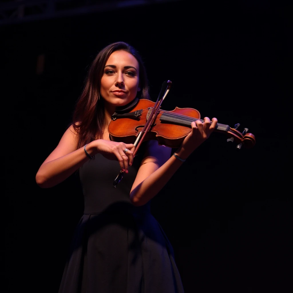 delwep, portrait of A woman musician playing a violin passionately on a dimly lit stage.