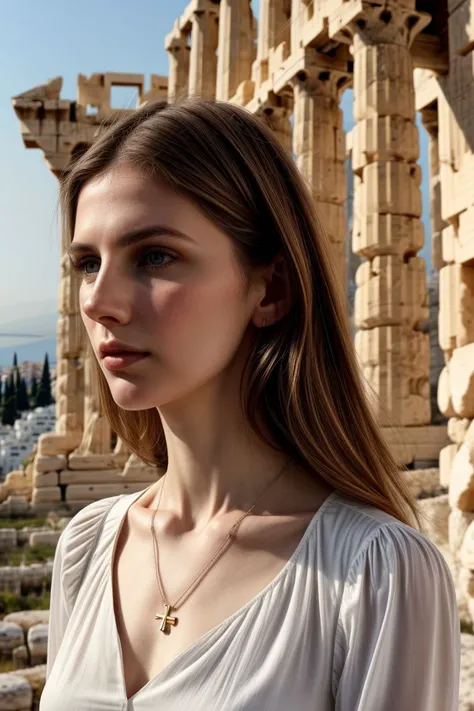 European woman, closeup, (shirt), pants, (Athens Acropolis), cross necklace , (), ZM_desiree, wide shoulders, perfect face, (contact iris: 1.1), pale skin, skin pores , depth of field