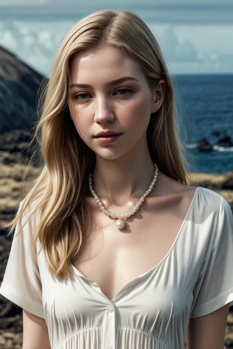 European woman, closeup, (shirt), pants, (Galápagos Islands), pearl necklace , (), ZM_olga, wide shoulders, perfect face, (contact iris: 1.1), pale skin, skin pores , depth of field