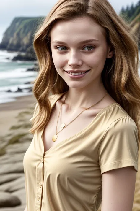 European woman, closeup, (shirt), pants, (oregon coast), gold necklace , smiling , ZM_celine, wide shoulders, perfect face, (contact iris: 1.1), pale skin, skin pores , depth of field