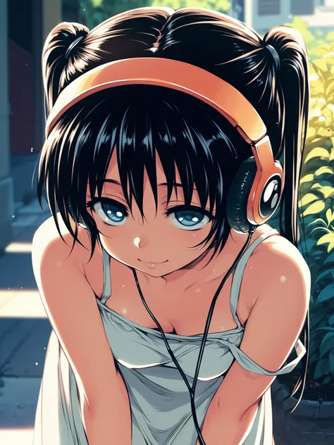 <lora:happy_tentacle-mayu-v0.1-000033:0.9>, ht_mayu, headphones, black hair, blue eyes, sundress, outdoors , 1girl, solo, , , ( seductive smile :1), , looking down , bent over, downblouse , facing viewer , score_9, score_8_up, score_7_up, score_6_up, score...