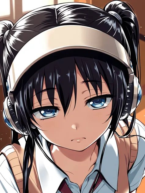 <lora:happy_tentacle-mayu-v0.1-000033:0.9>, ht_mayu, headphones, black hair, blue eyes, collared shirt, sweater vest, short sleeves, indoors , 1girl, solo, , half-closed eyes , (doyagao :1), , looking at viewer , , facing viewer , score_9, score_8_up, scor...