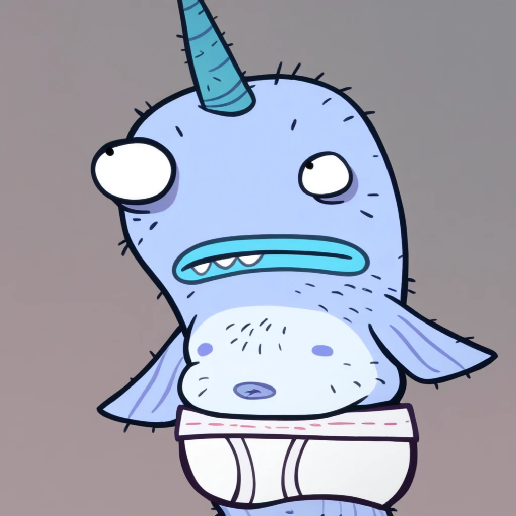 score_9, score_8_up, score_7_up, score_6_up, Narwhal, light blue skin, white belly, shaved, shaved fur, blue fins, no legs, fins, flippers, blue nipples, blue navel, belly button, blue lips, big lips, 3 teeth, blue horn, horn on head, cartoon, chubby, whit...